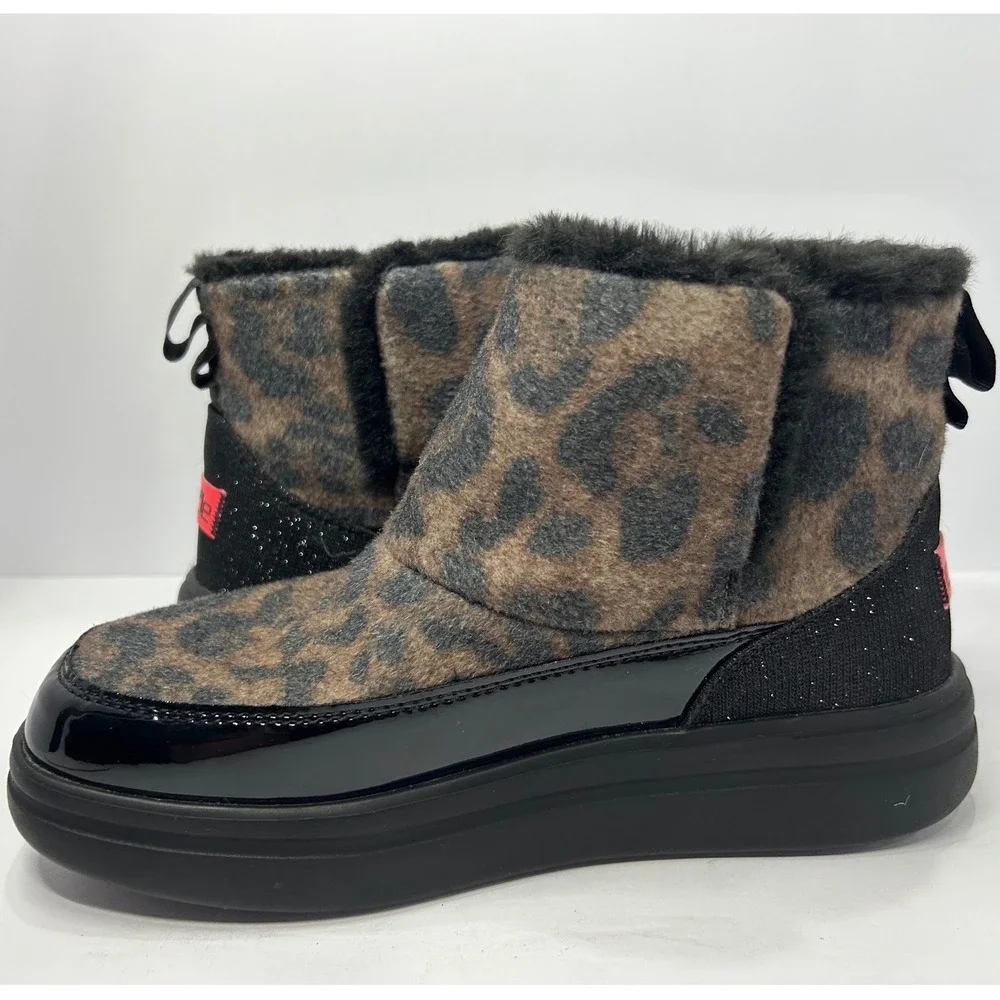 Hey Dude Youth Leopard Black Faux Fur Boots Kids Size 4 Brand New With Tags